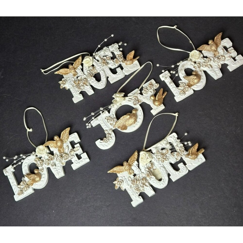 Vintage White Gold Christmas Word Ornaments Set Of 5 Love Joy Noel Doves Roses - Picture 1 of 12